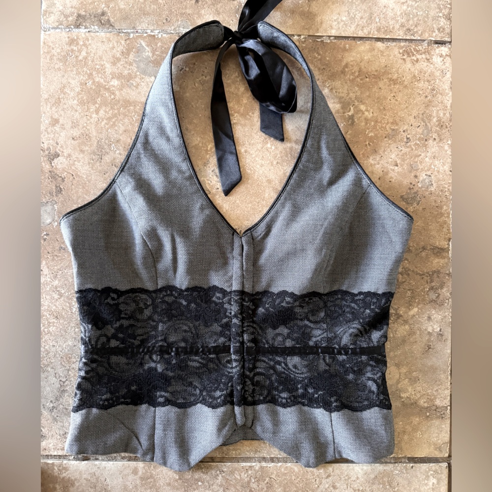 Gray Halter Guess Vest Top with Black Lace